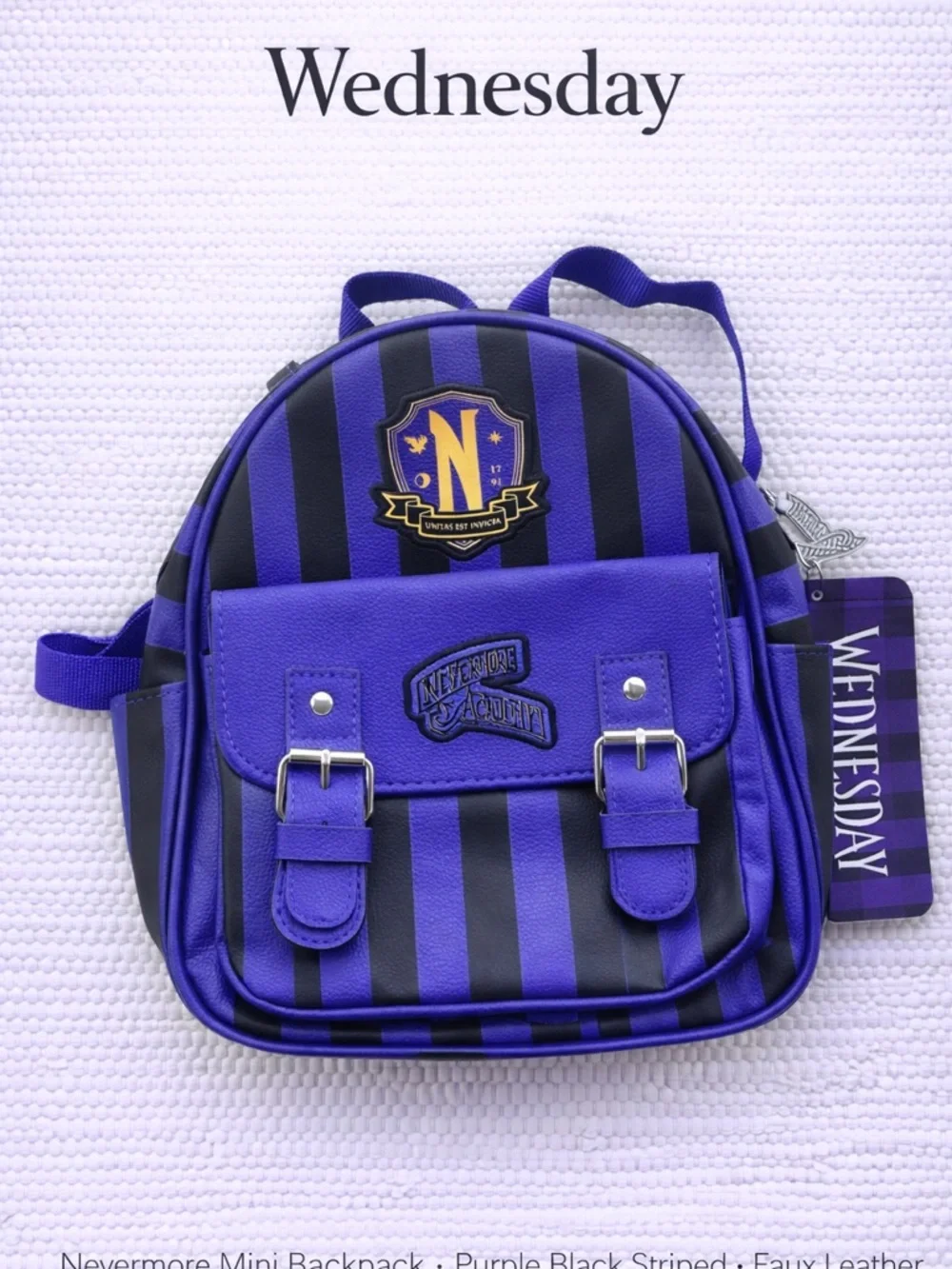 Wednesday Nevermore Mini Backpack Purple Black Striped Faux Leather